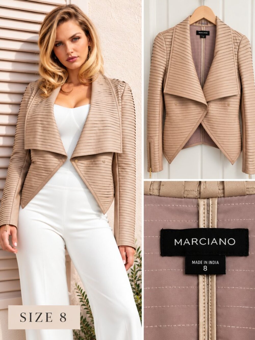 Marciano Shayna Draped Leather Jacket Beige Sz 8